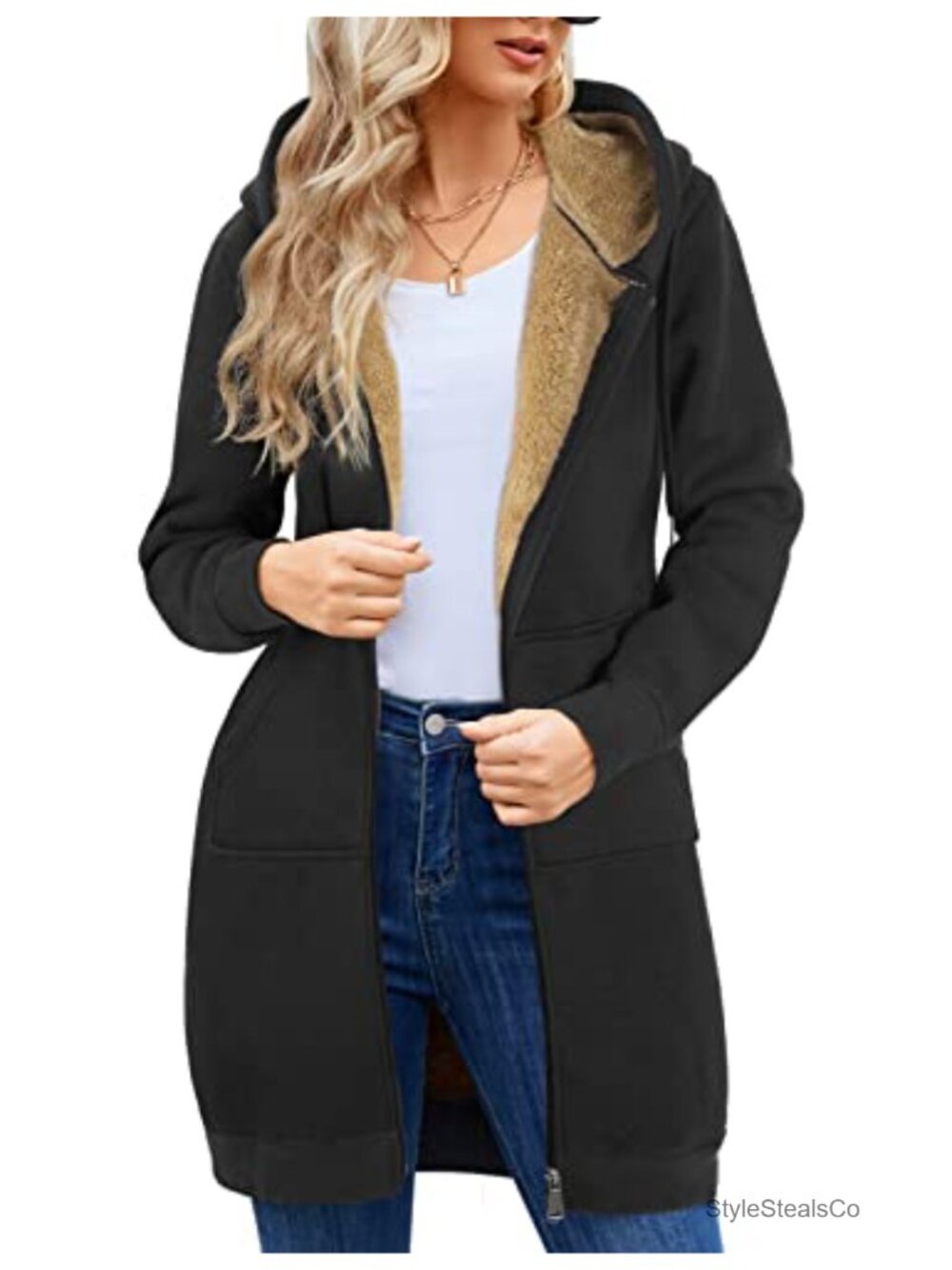 Women Long Fleece Lined Zip Up Hoodie Coat Winter Sherpa Jacket Black